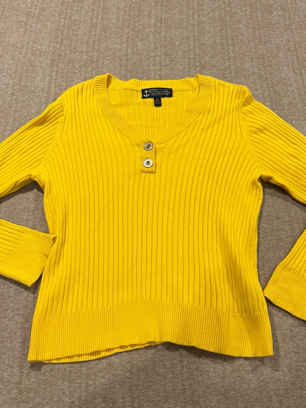 Lauren Ralph Lauren Bright Yellow Ribbed V-Neck Sweater with Two-Button Placket